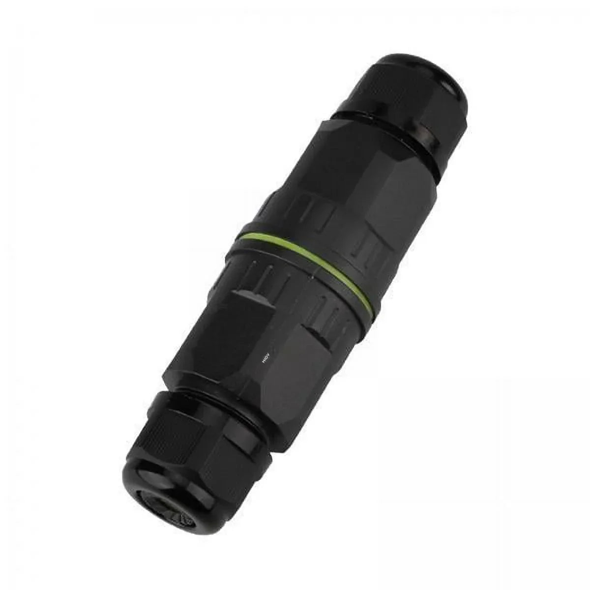 Connecteur étanche noir pour câblage électrique de piscine, joint vert visible.