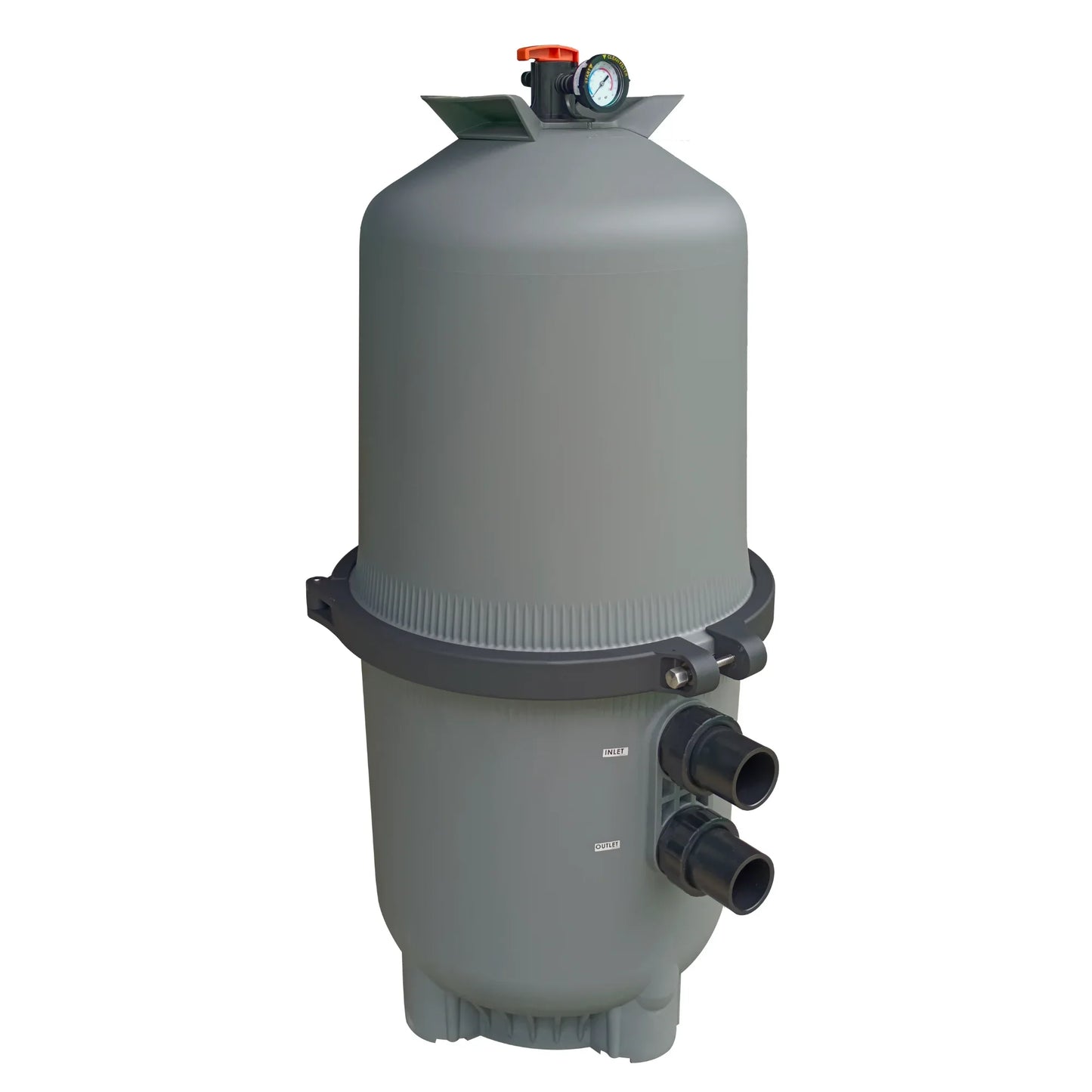 Filtre à cartouche gris pour piscine avec manomètre, raccords entrée et sortie visibles.