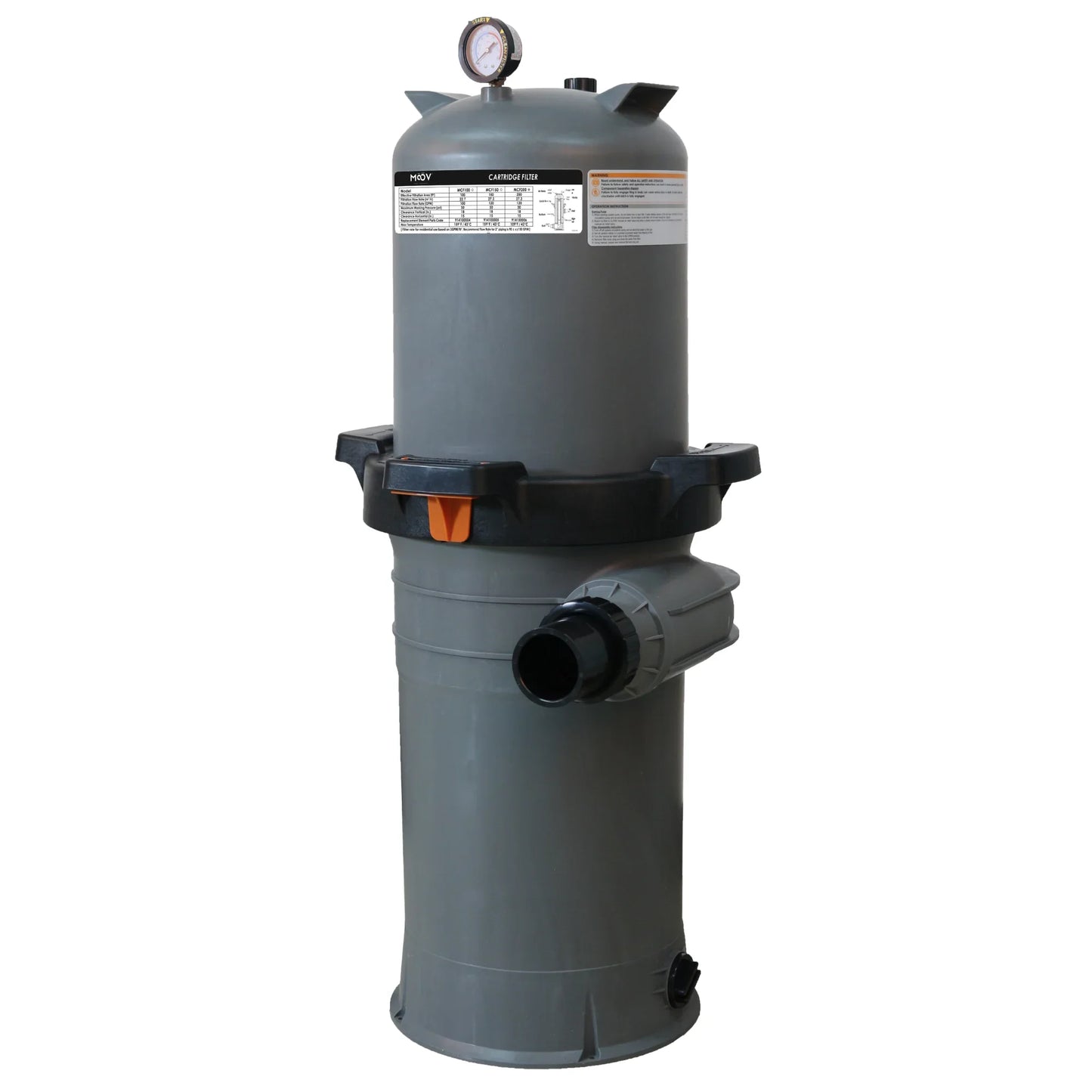 Filtre à cartouche gris pour piscine avec manomètre, adapté à l’entretien de piscines