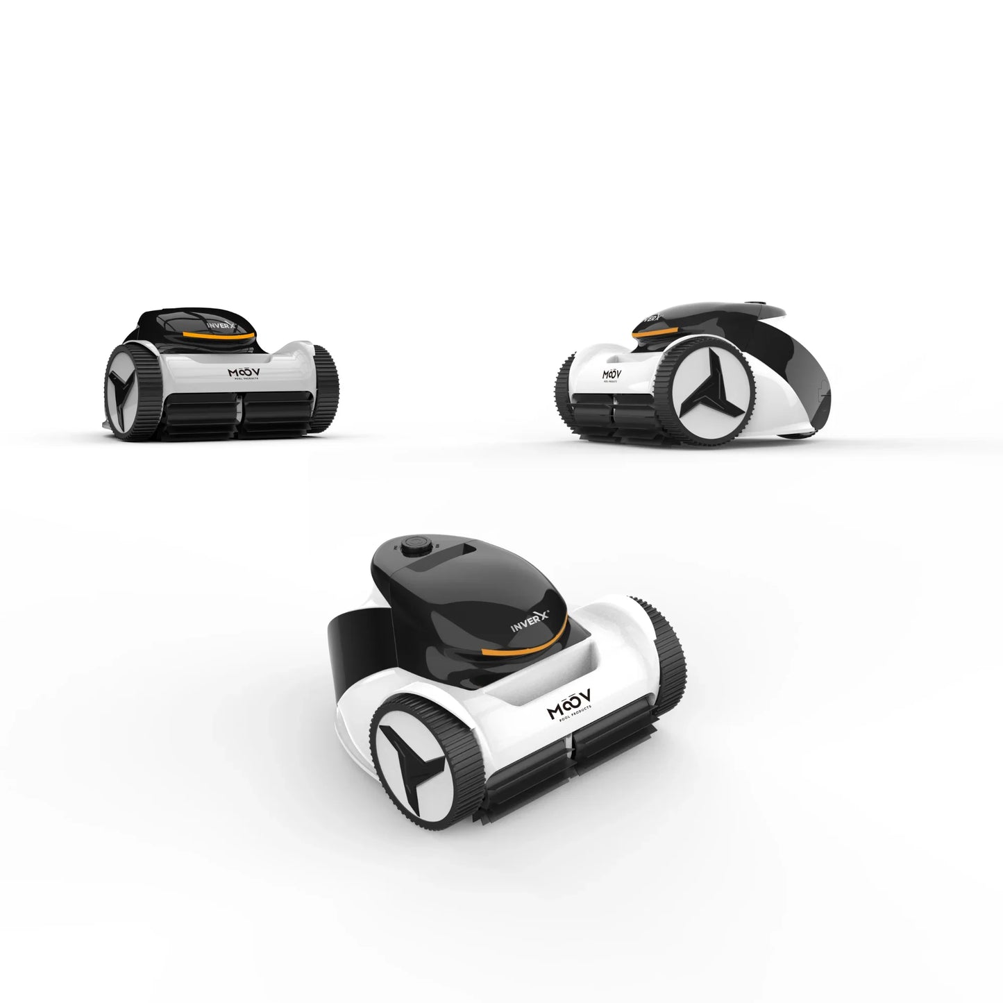 Trois robots nettoyeurs de piscine automatiques design noir et blanc sur fond blanc