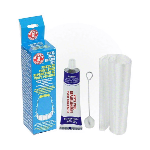 Ensemble de réparation Boxer Adhesive incluant: Tube de colle 2 oz, tampon applicateur et pièce de vinyl transparent 6'' X 23'' - Piscines Geyser