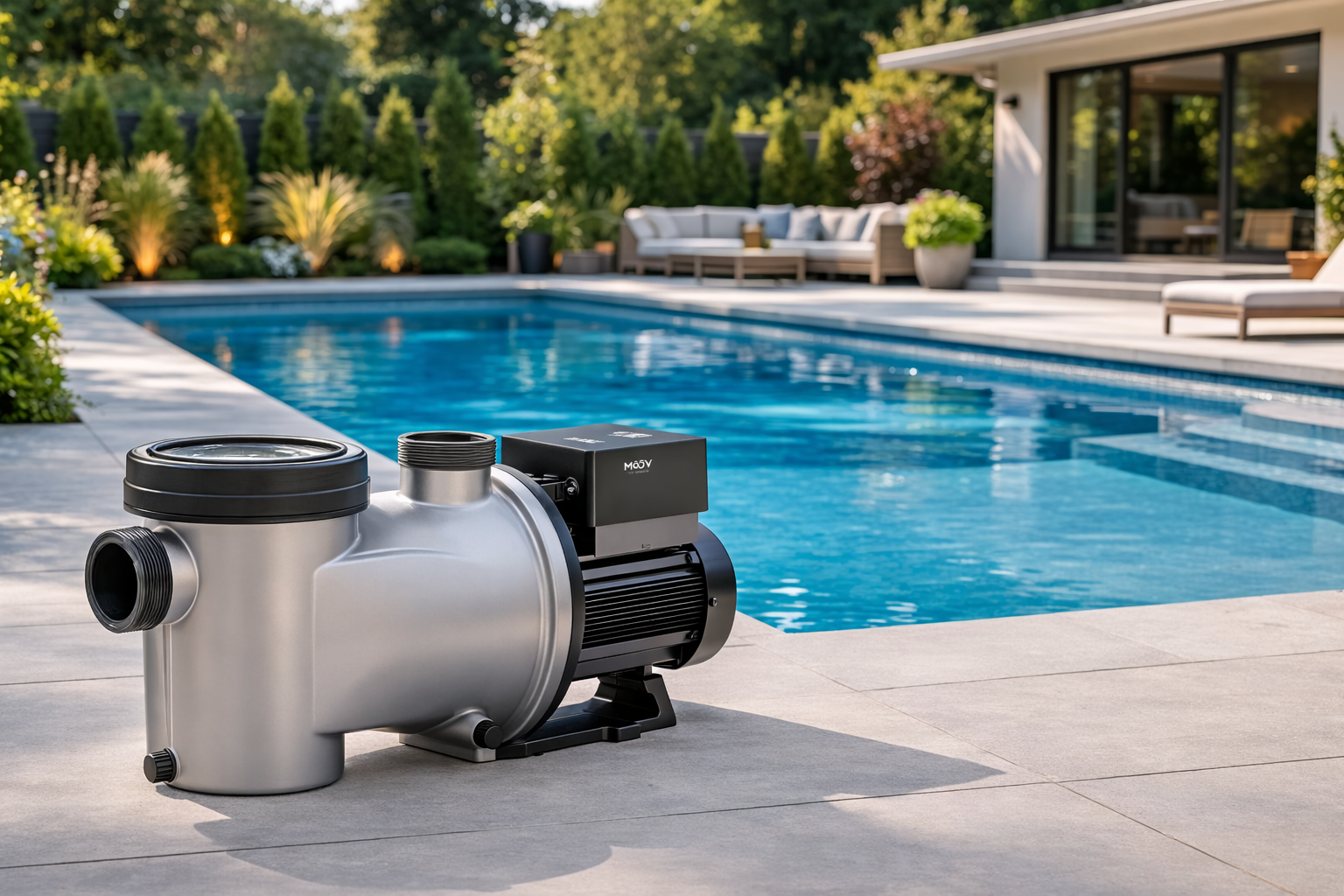 Pompe de piscine installée près d'une piscine moderne en extérieur, idéale pour l'entretien